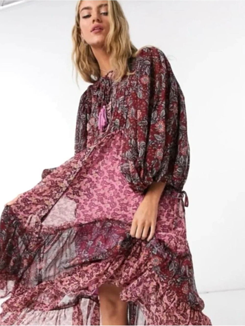 Free People Estelle Chiffon Button Front Printed Maxi Dress SZ L EUC